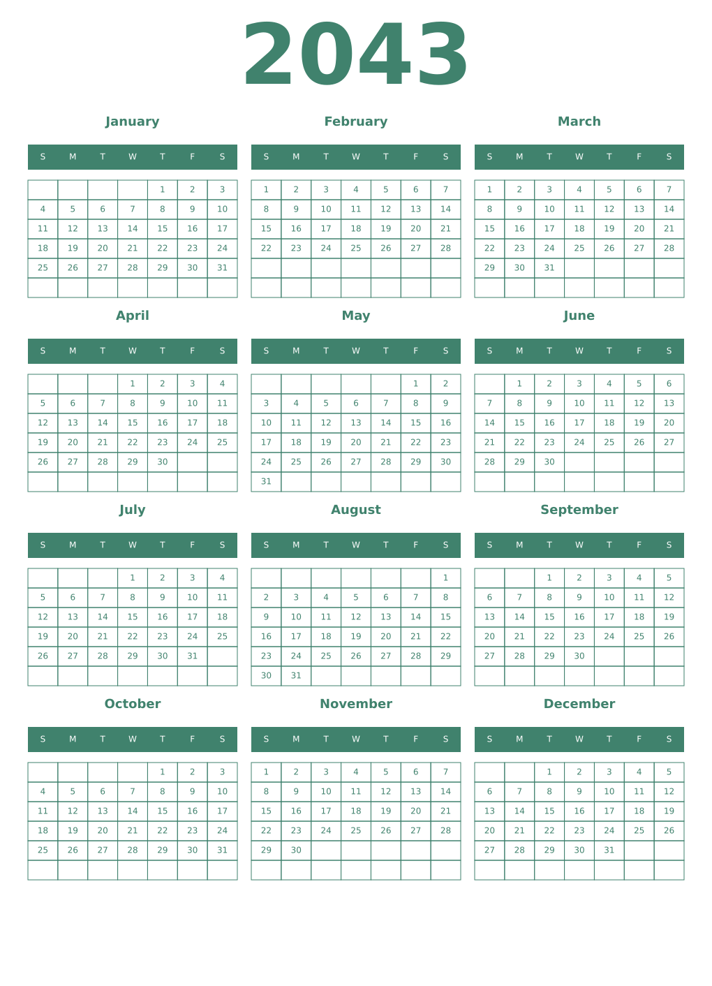 Printable 2043 Year Calendars viridian