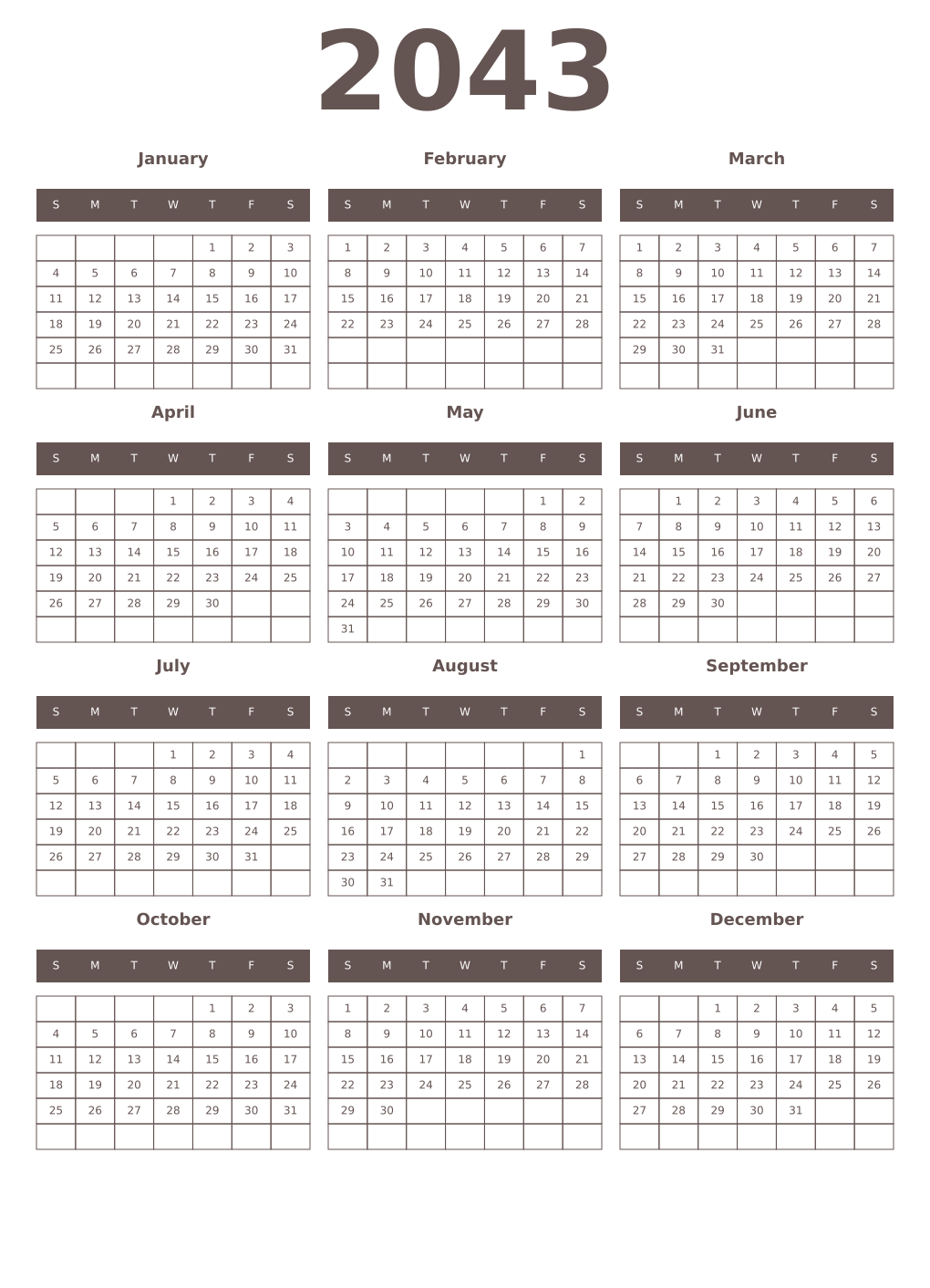 Printable 2043 Year Calendars wenge