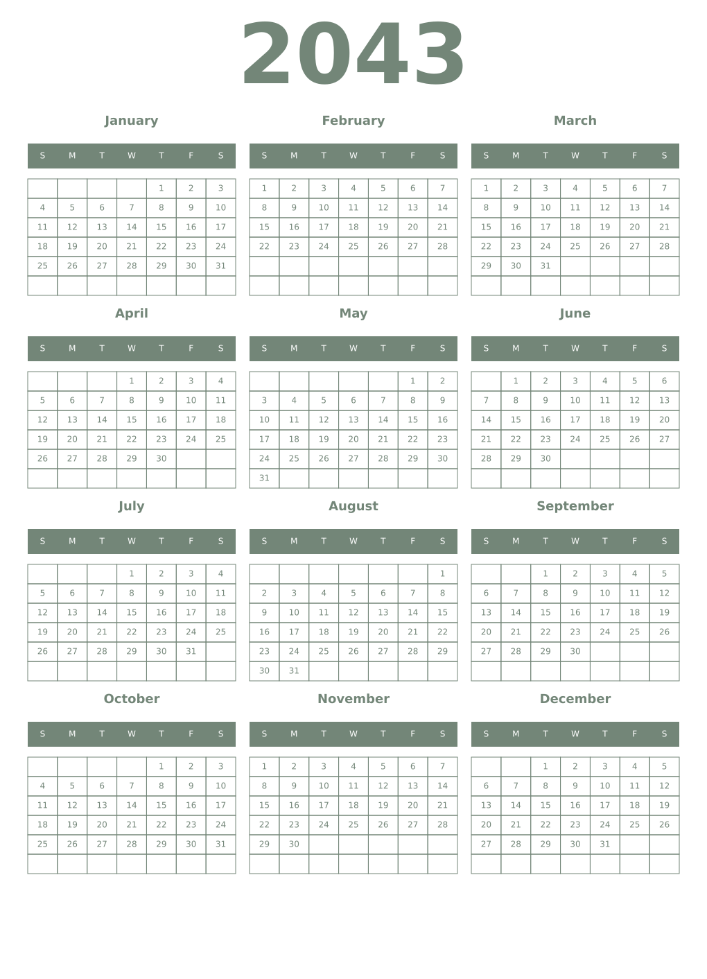 Printable 2043 Year Calendars xanadu