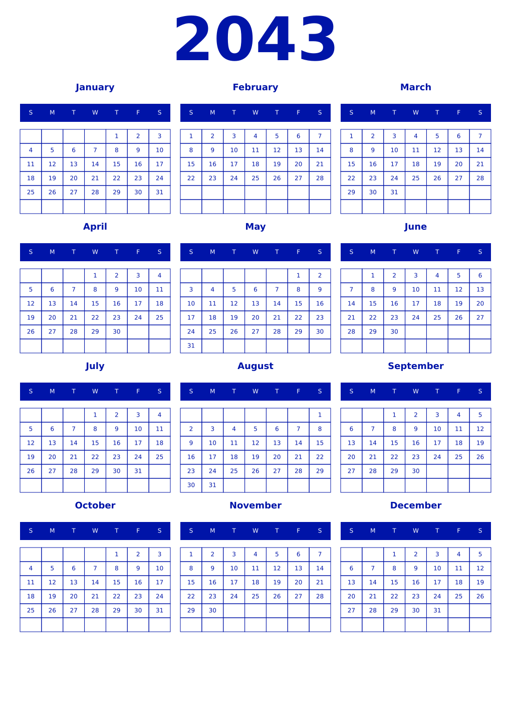 Printable 2043 Year Calendars zaffre