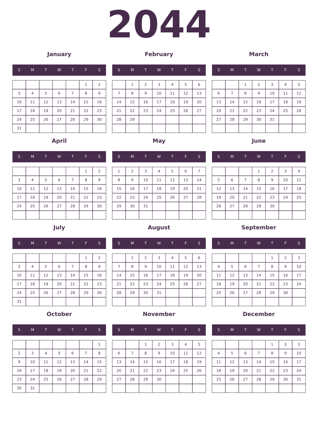 Printable 2044 Year Calendars aubergine