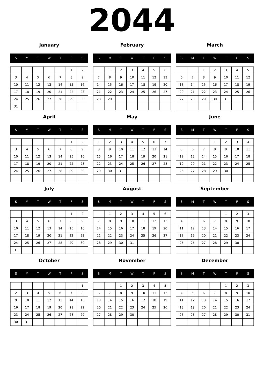 Printable 2044 Year Calendars black