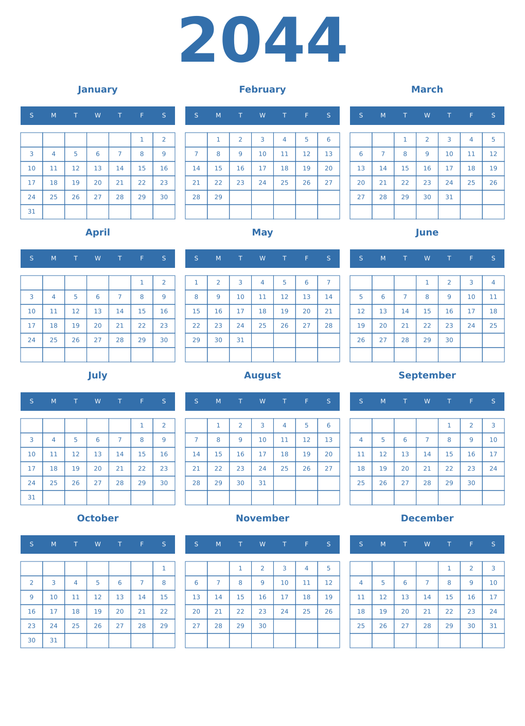 Printable 2044 Year Calendars blue