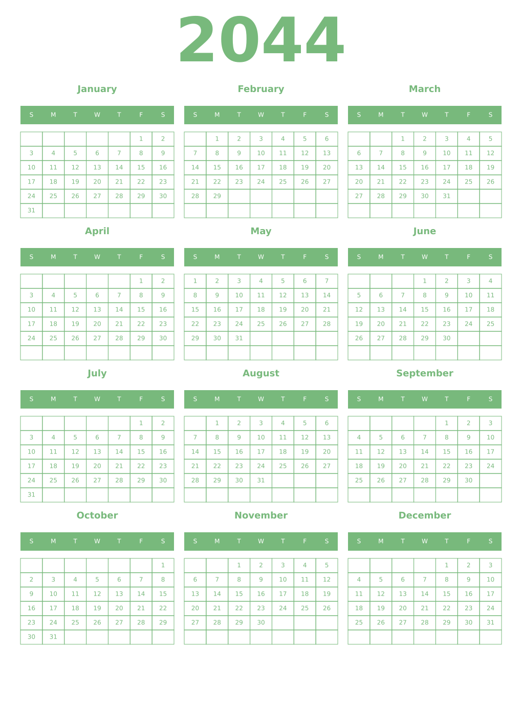 Printable 2044 Year Calendars celadon
