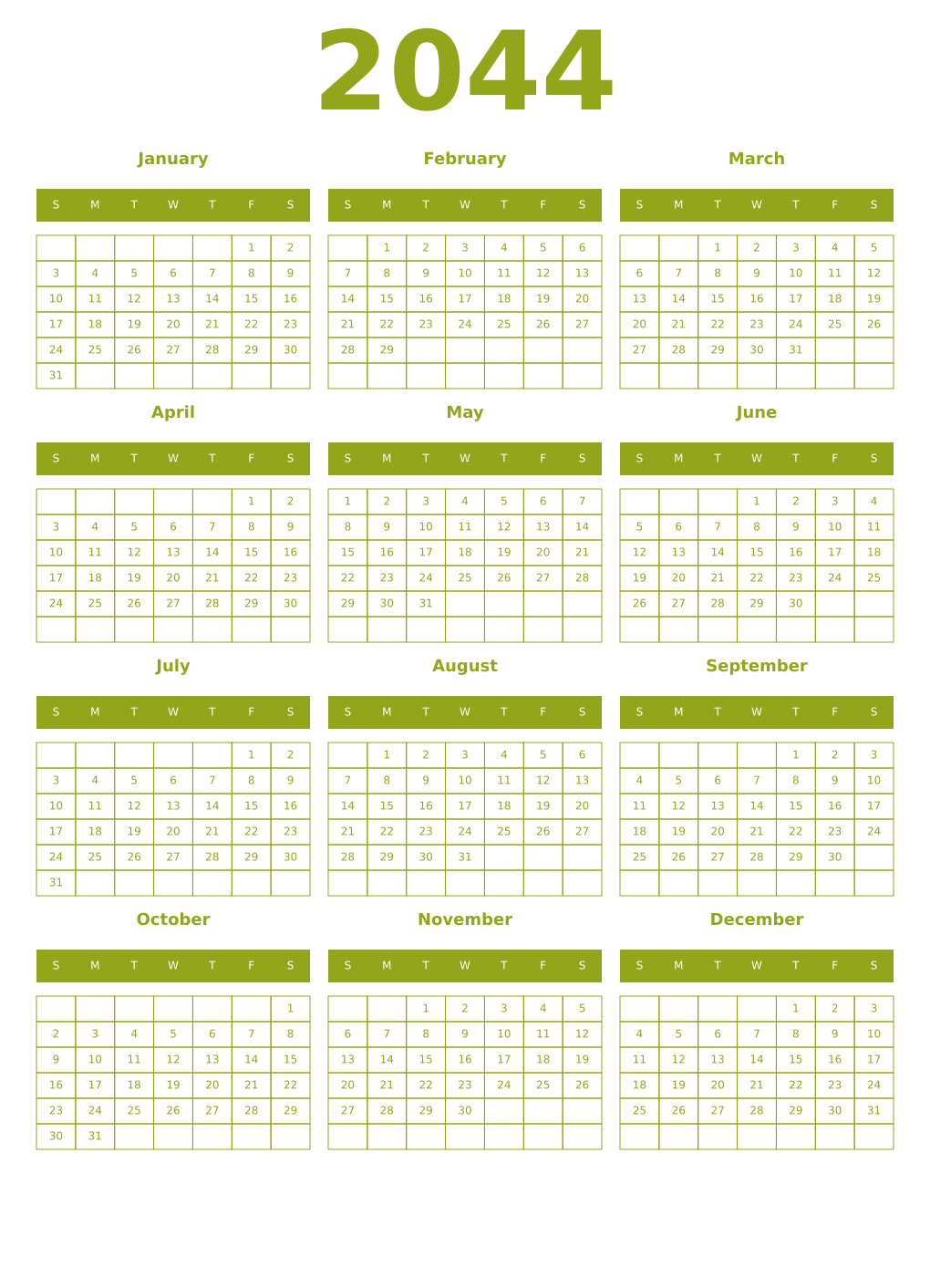 Printable 2044 Year Calendars chartreuse