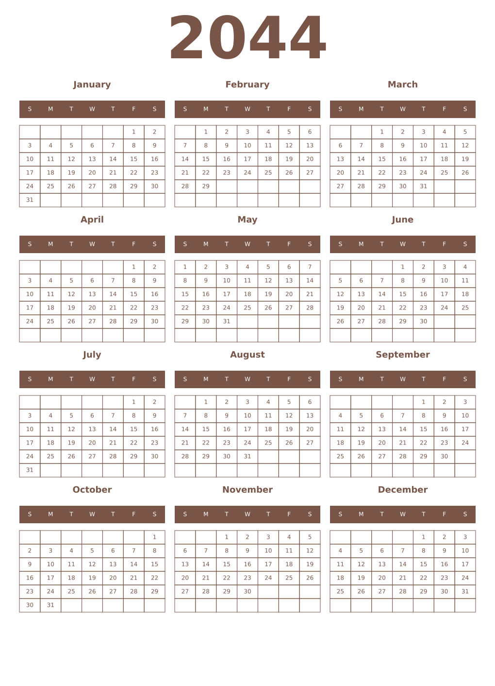Printable 2044 Year Calendars coffe