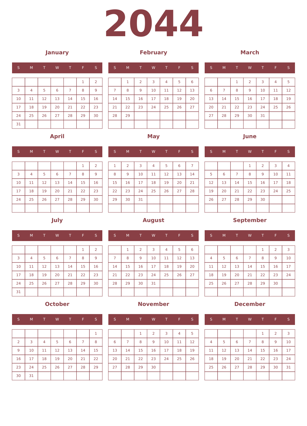 Printable 2044 Year Calendars cordovan