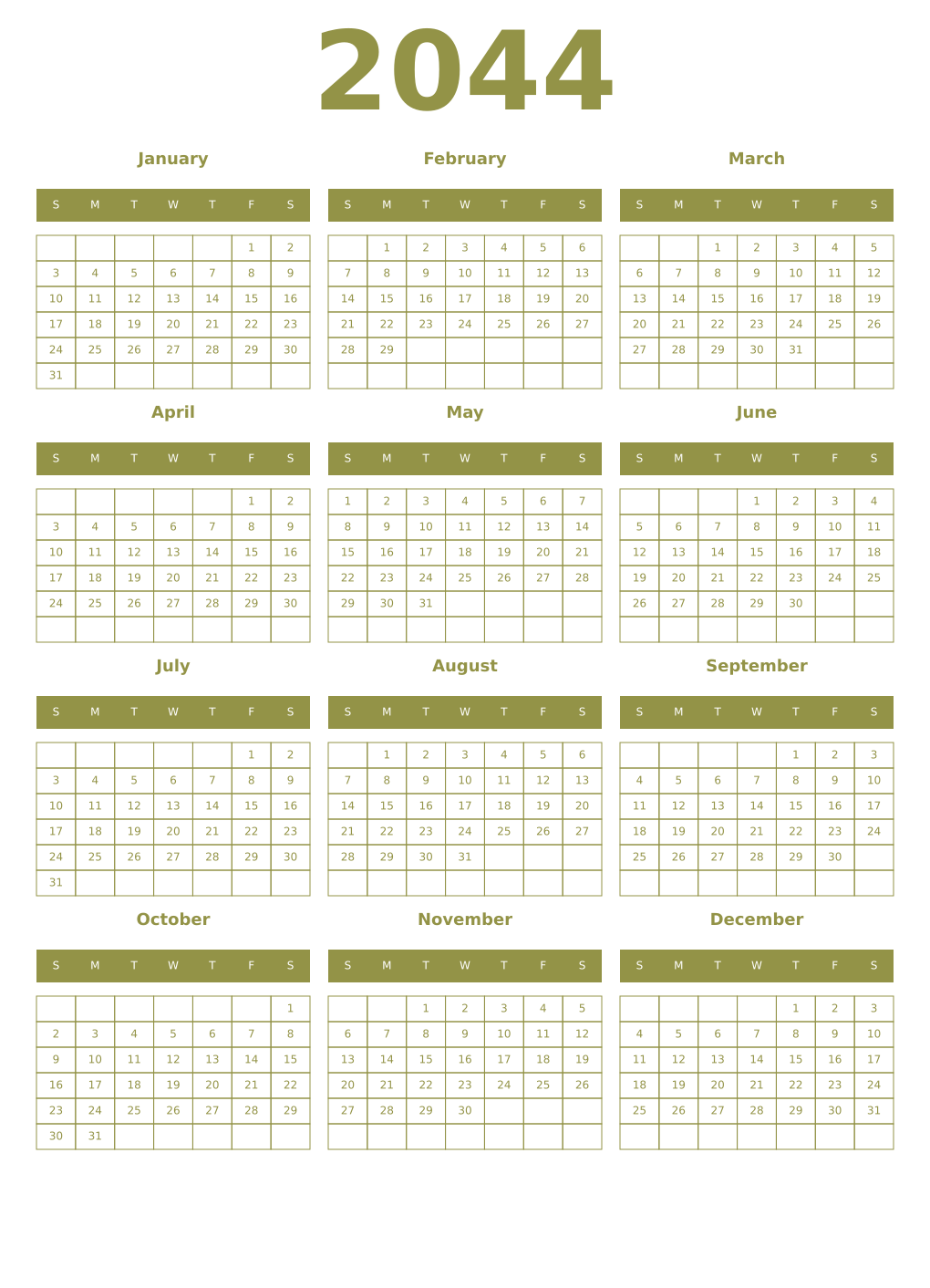 Printable 2044 Year Calendars eburnean