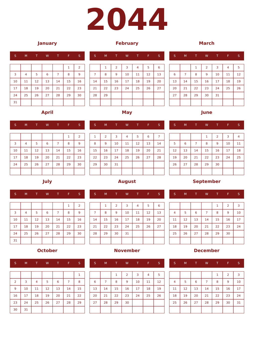 Printable 2044 Year Calendars falu