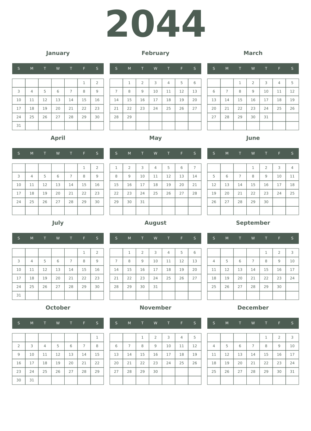 Printable 2044 Year Calendars feldgrau
