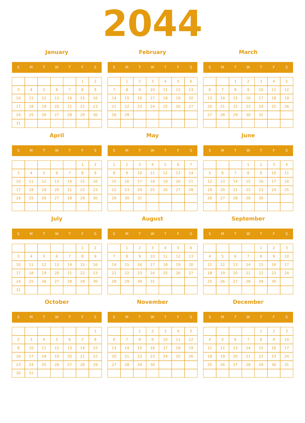 Printable 2044 Year Calendars gamboge