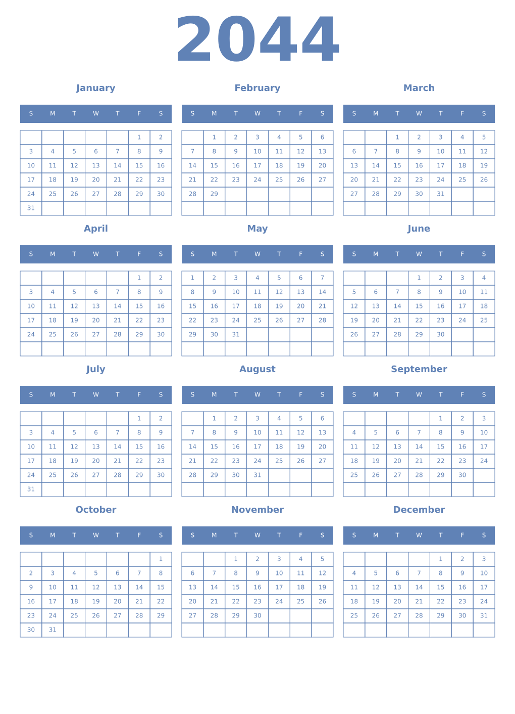 Printable 2044 Year Calendars glaucous