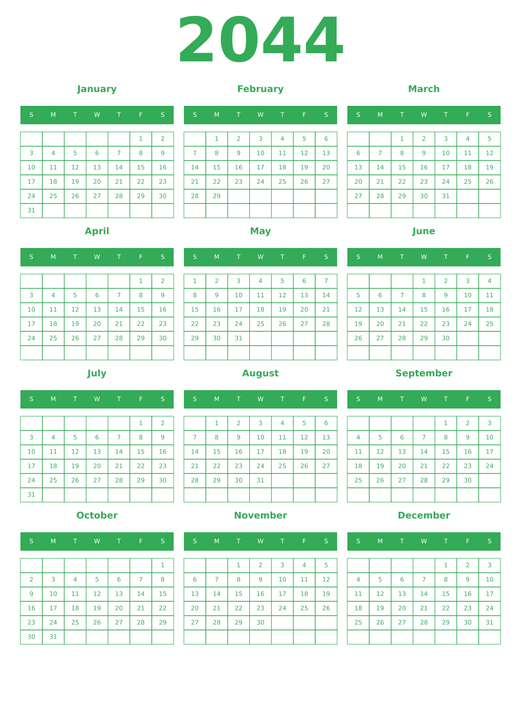 Printable 2044 Year Calendars green