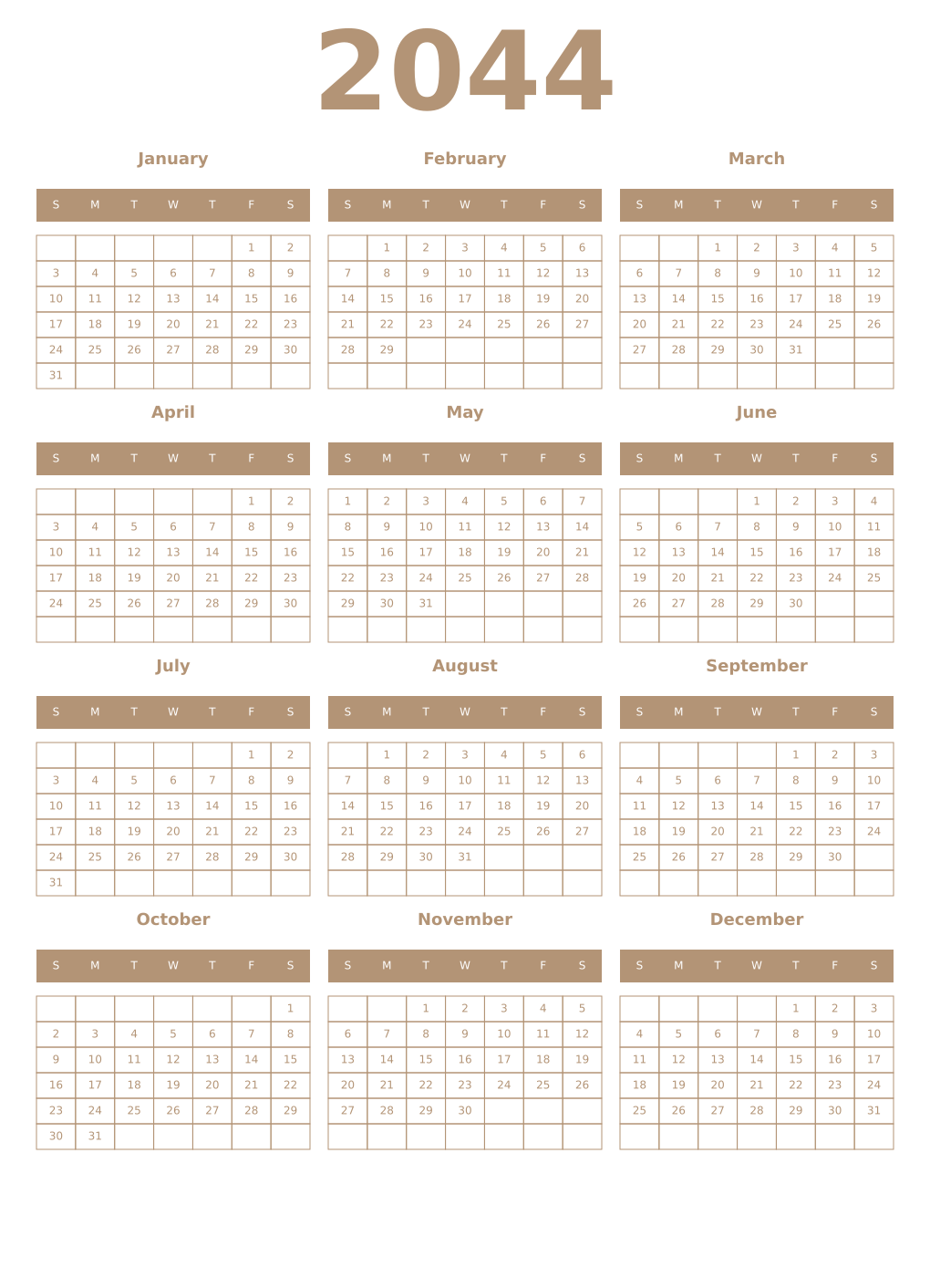 Printable 2044 Year Calendars isabelline