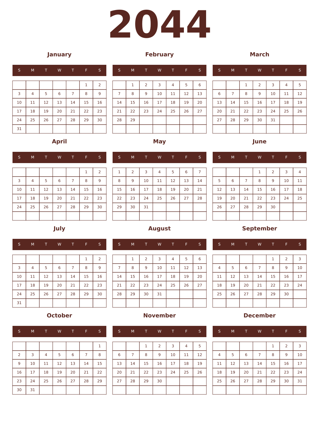 Printable 2044 Year Calendars mortuum