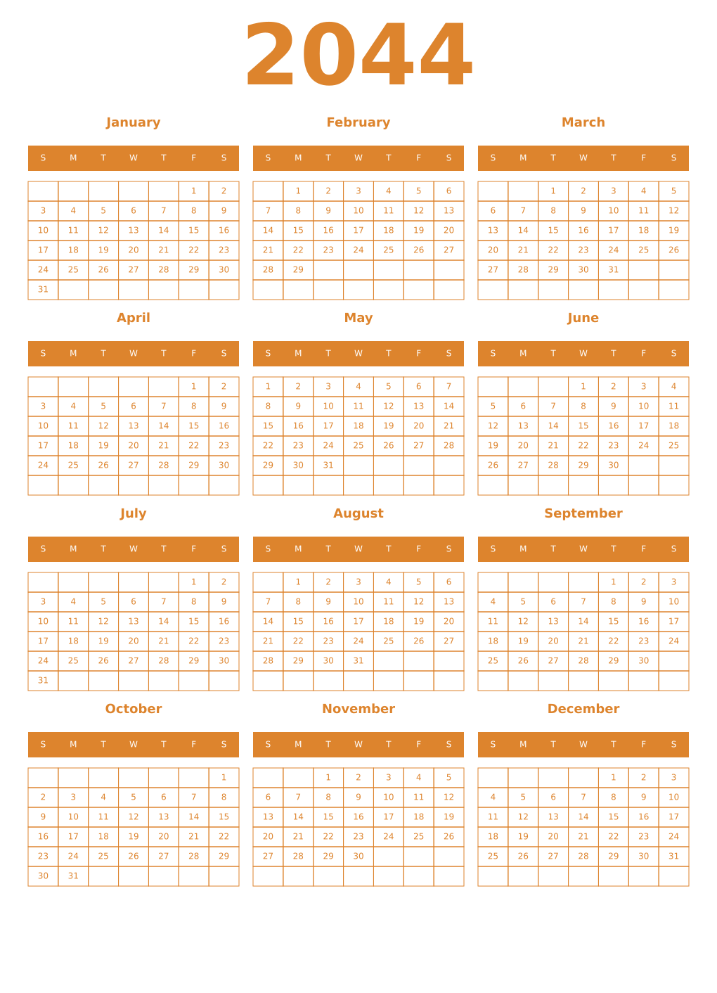 Printable 2044 Year Calendars orange