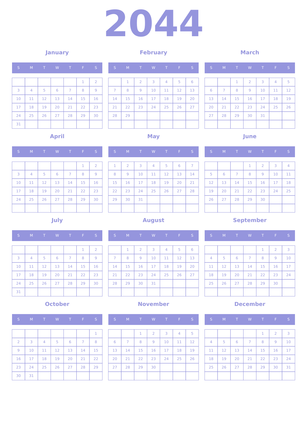 Printable 2044 Year Calendars periwinkle