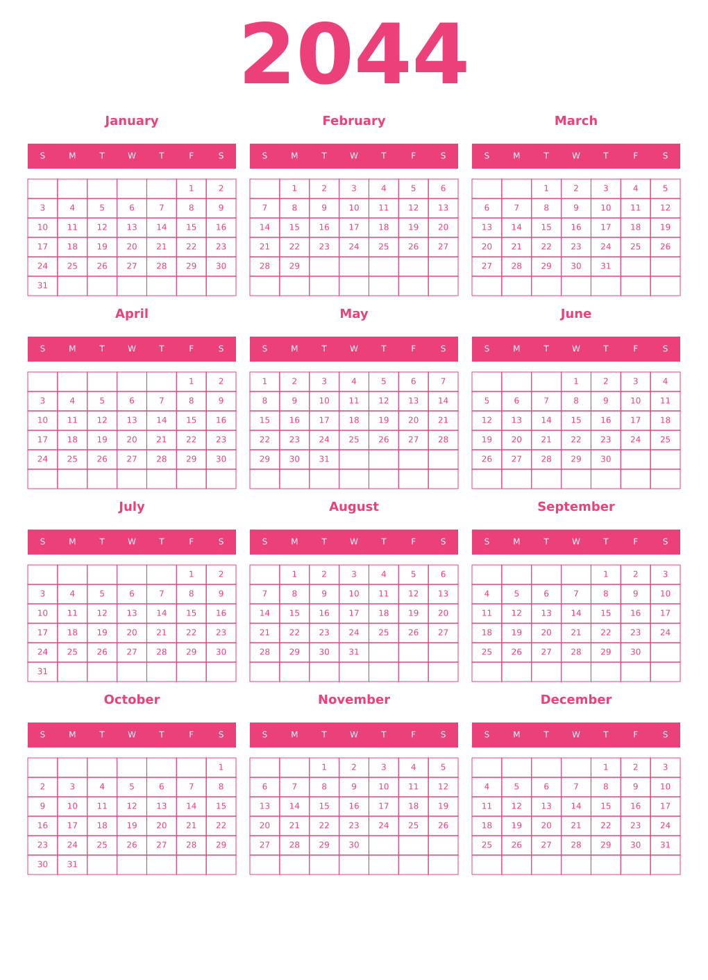 Printable 2044 Year Calendars pink