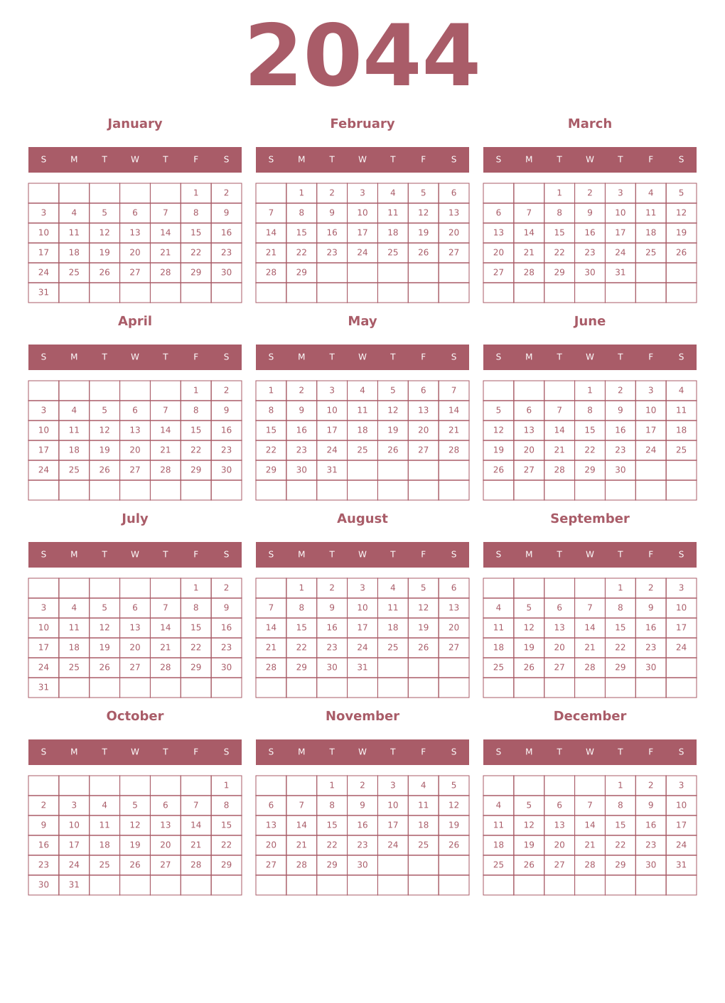 Printable 2044 Year Calendars puce