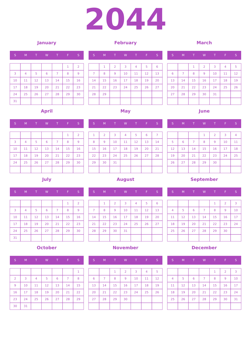 Printable 2044 Year Calendars purple