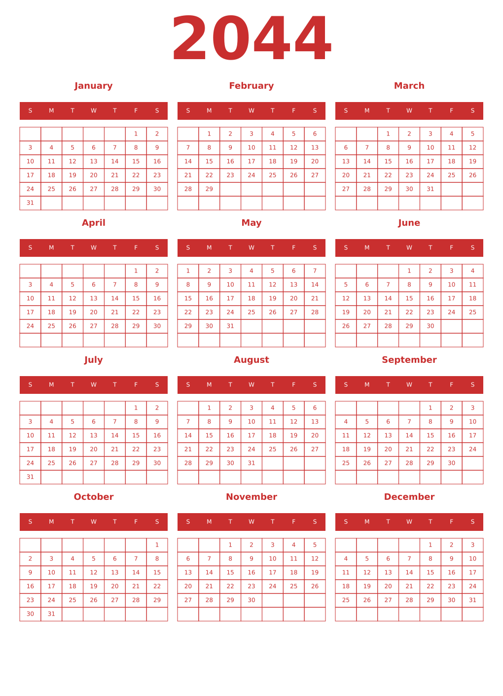 Printable 2044 Year Calendars red