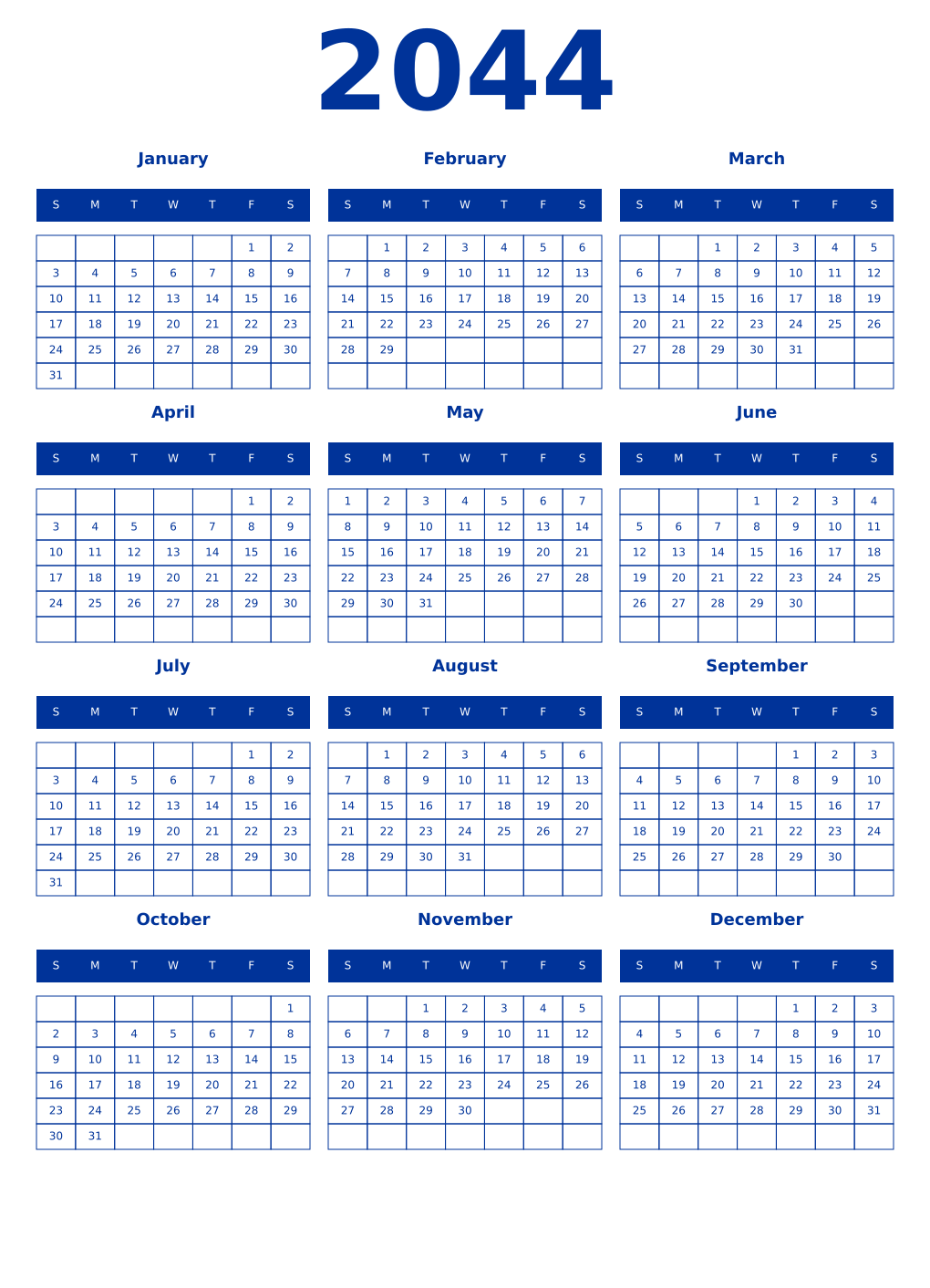 Printable 2044 Year Calendars smalt