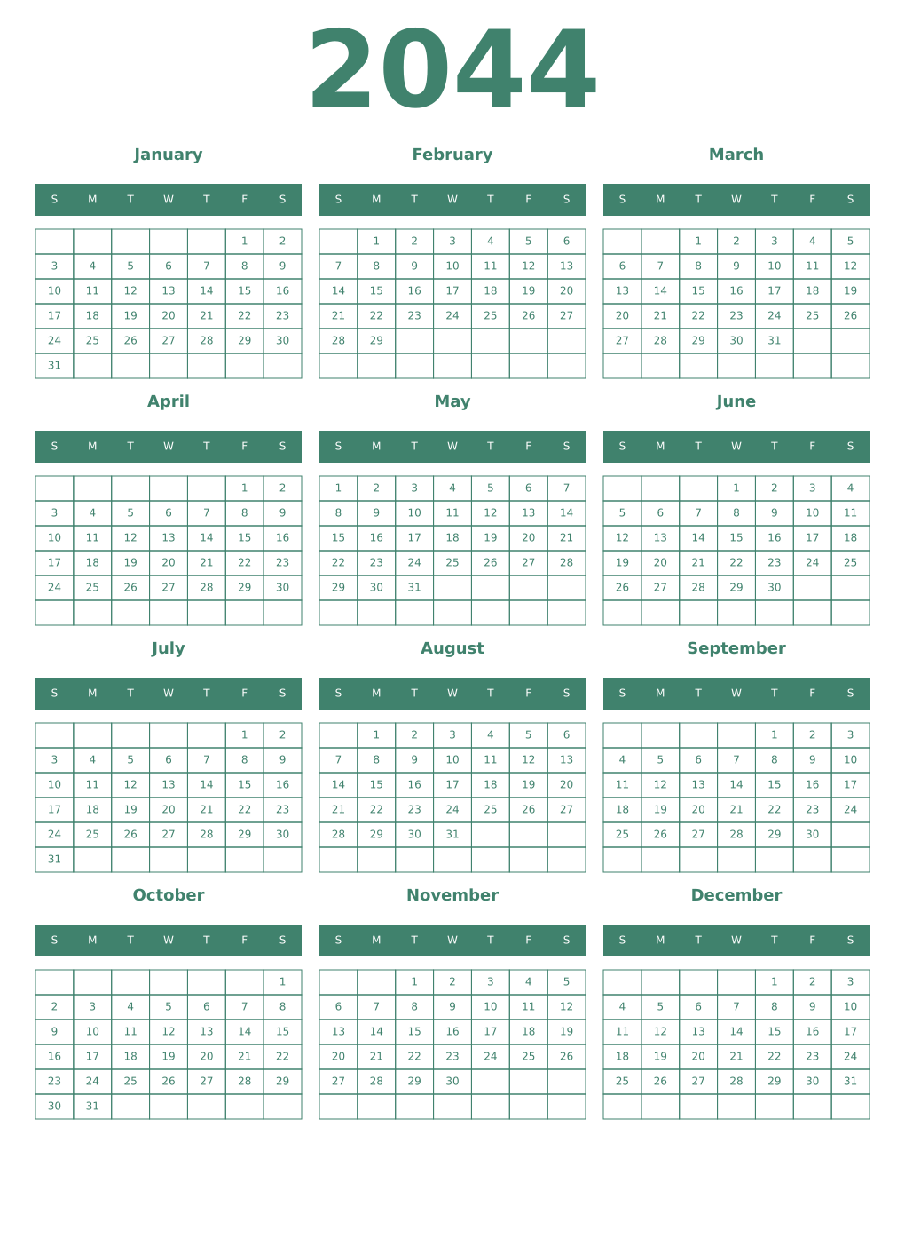 Printable 2044 Year Calendars viridian
