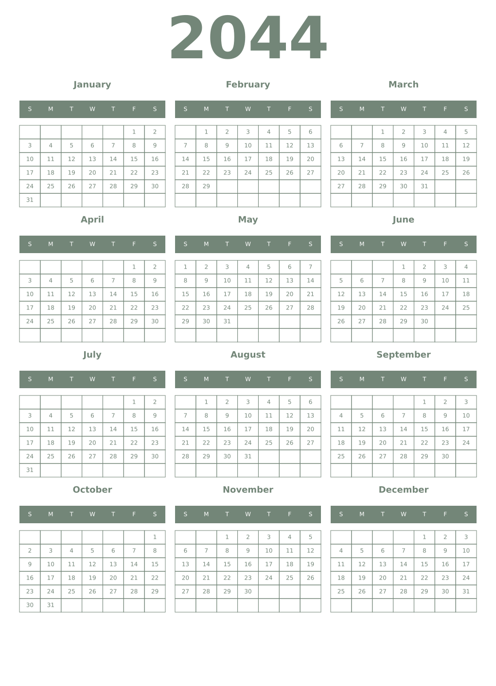 Printable 2044 Year Calendars xanadu