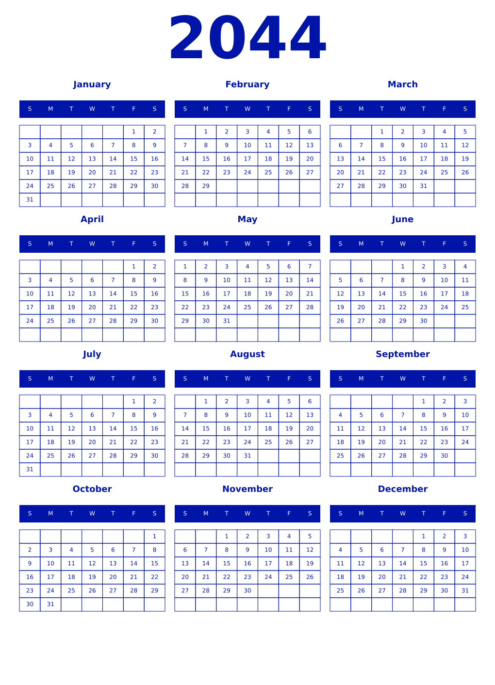 Printable 2044 Year Calendars zaffre