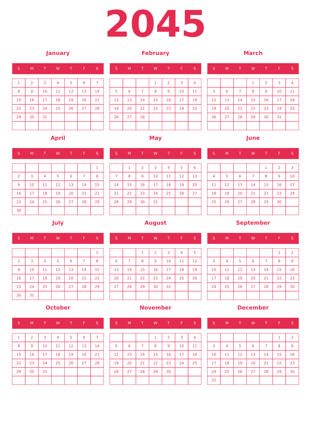 Printable 2045 Year Calendars amaranth