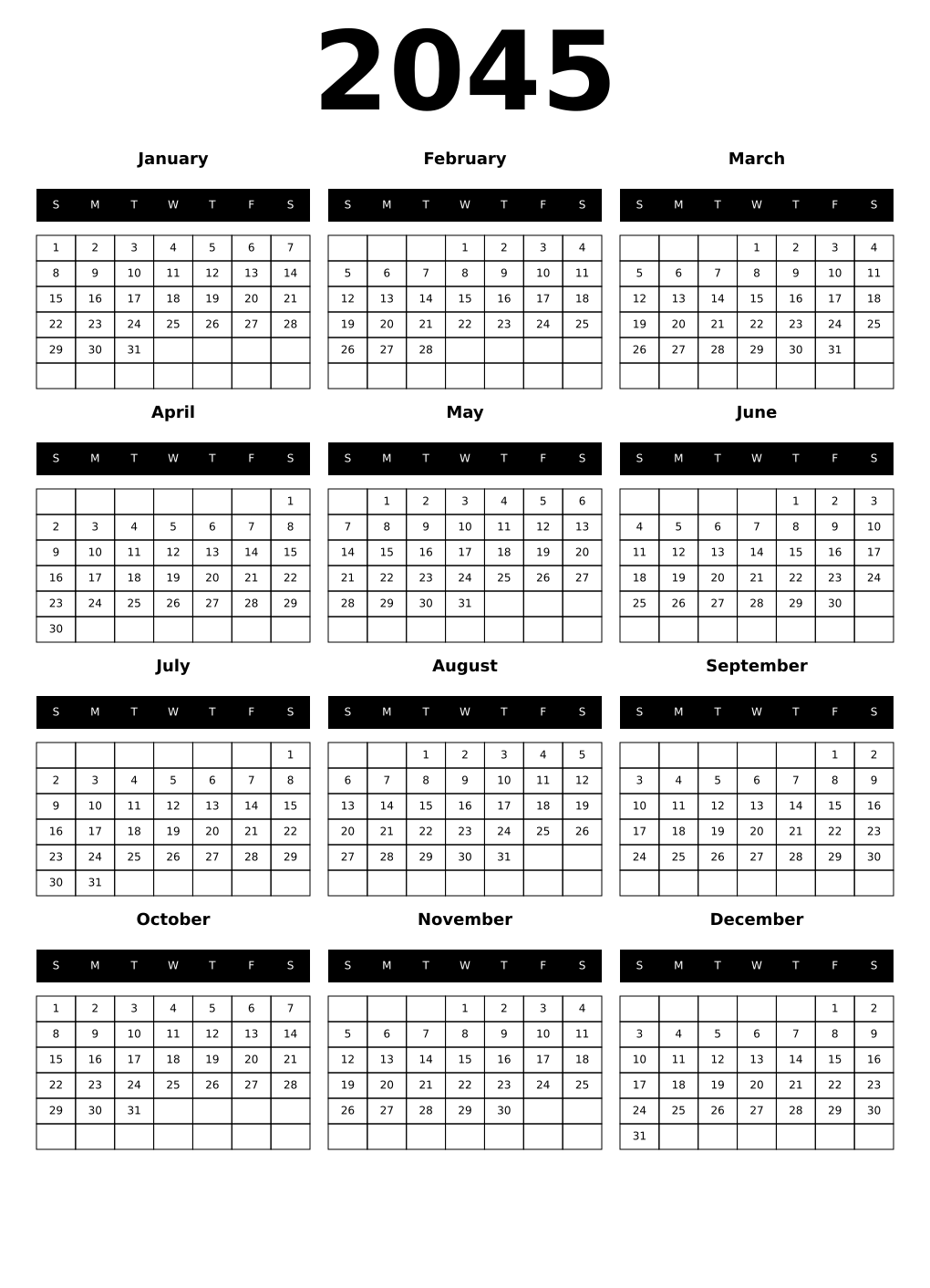 Printable 2045 Year Calendars black