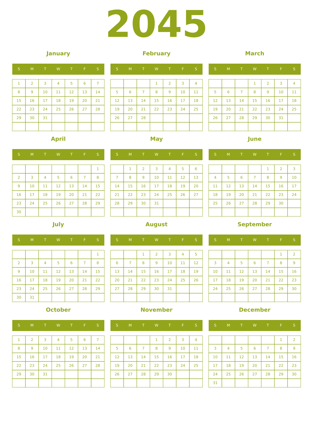 Printable 2045 Year Calendars chartreuse