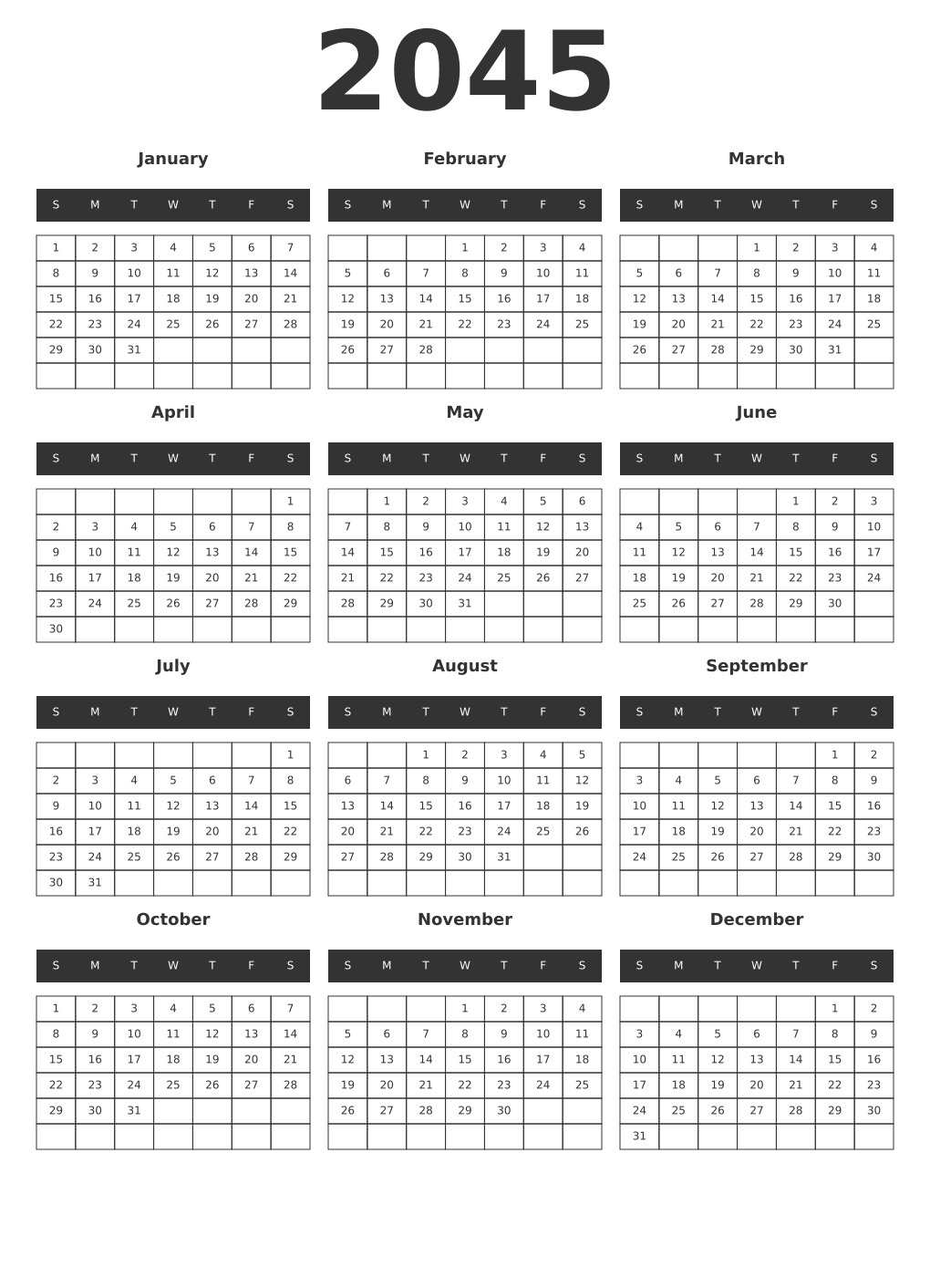 Printable 2045 Year Calendars dark