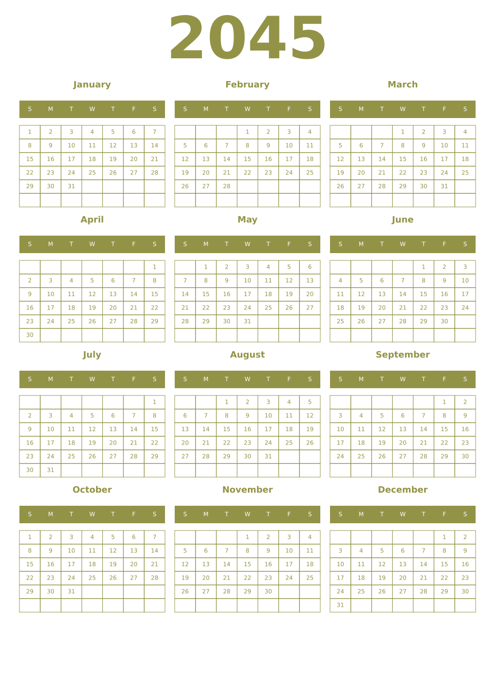 Printable 2045 Year Calendars eburnean