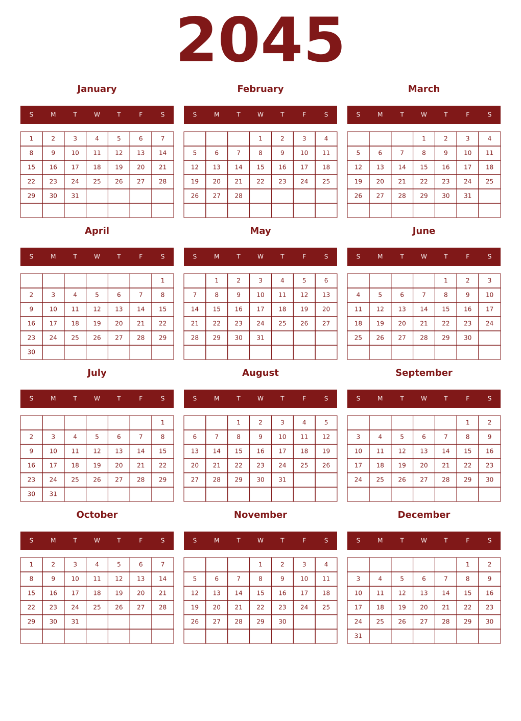 Printable 2045 Year Calendars falu