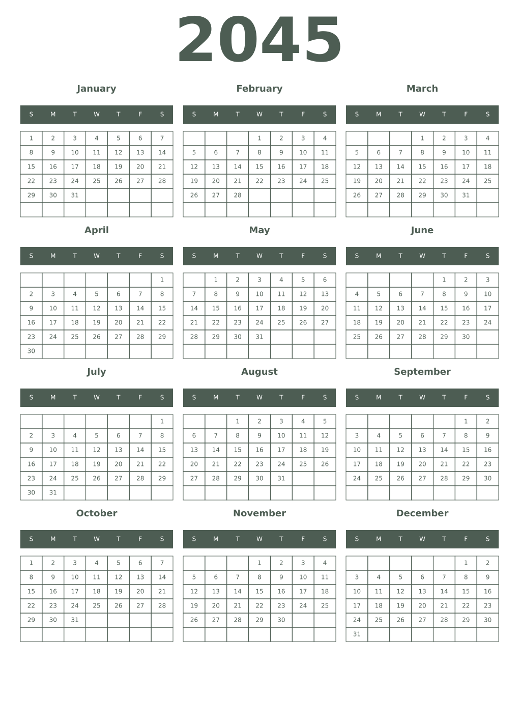 Printable 2045 Year Calendars feldgrau