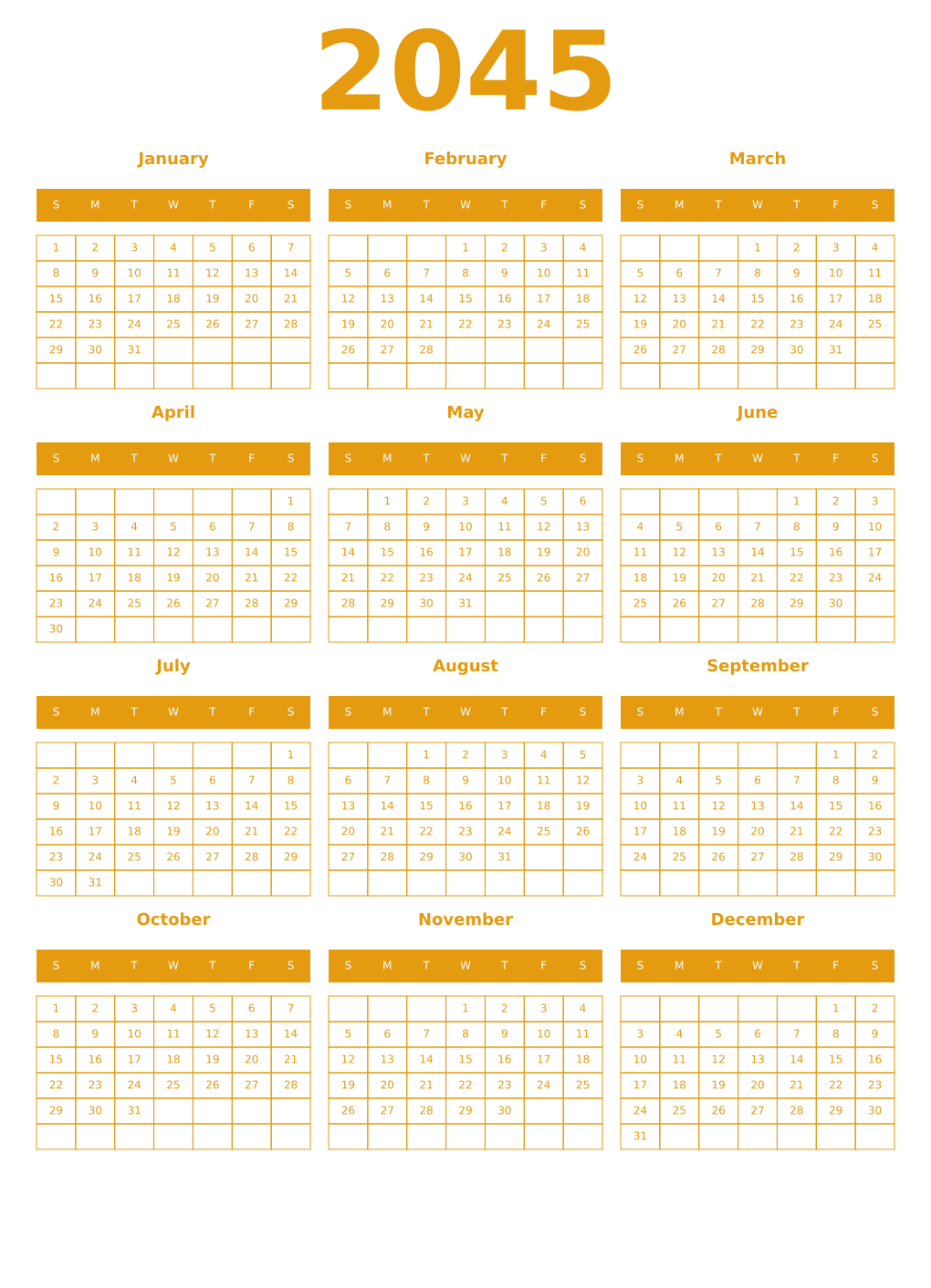 Printable 2045 Year Calendars gamboge