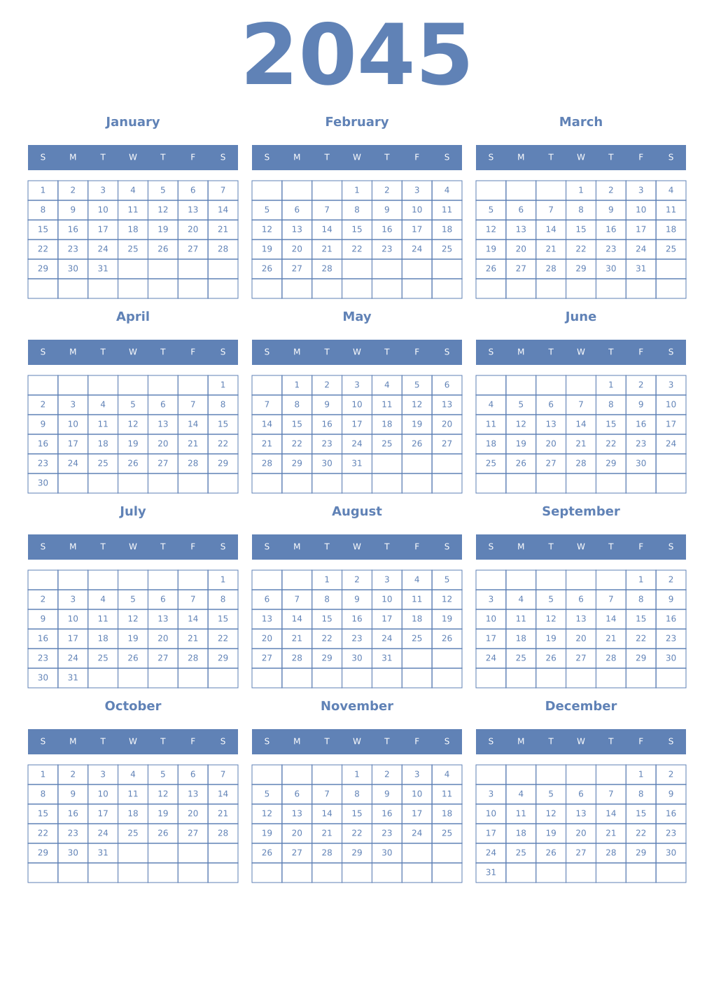 Printable 2045 Year Calendars glaucous