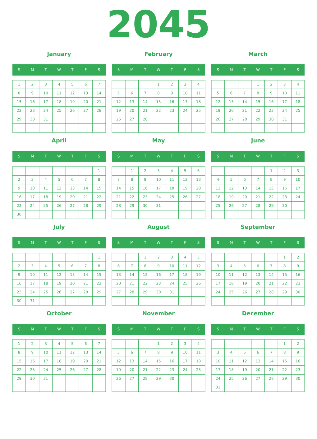 Printable 2045 Year Calendars green