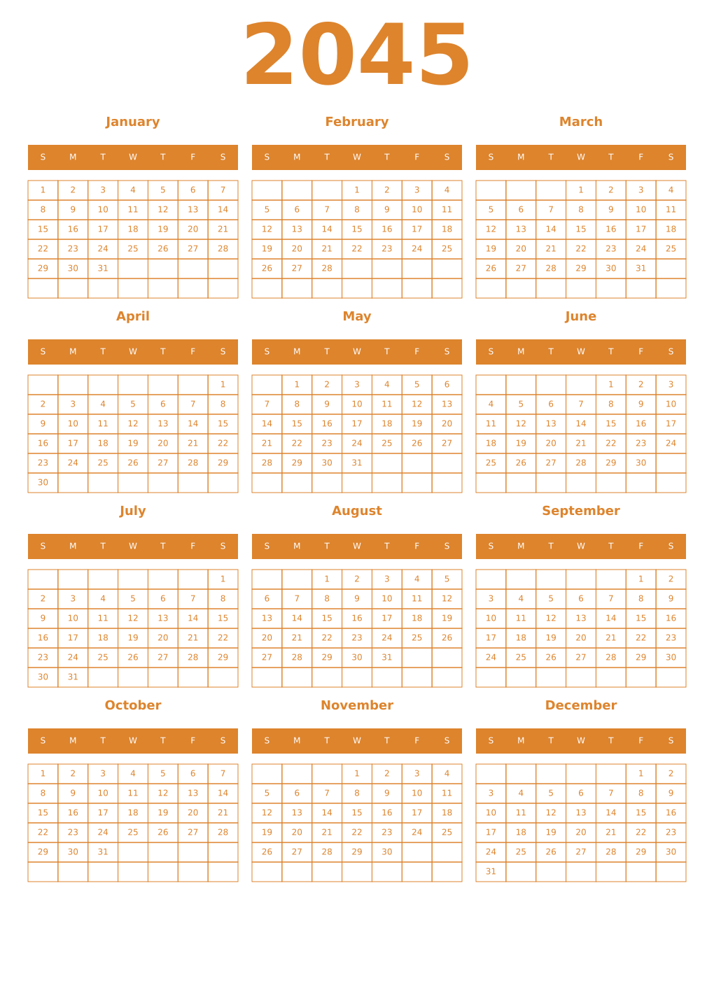 Printable 2045 Year Calendars orange