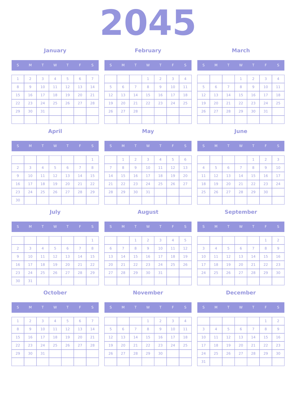 Printable 2045 Year Calendars periwinkle