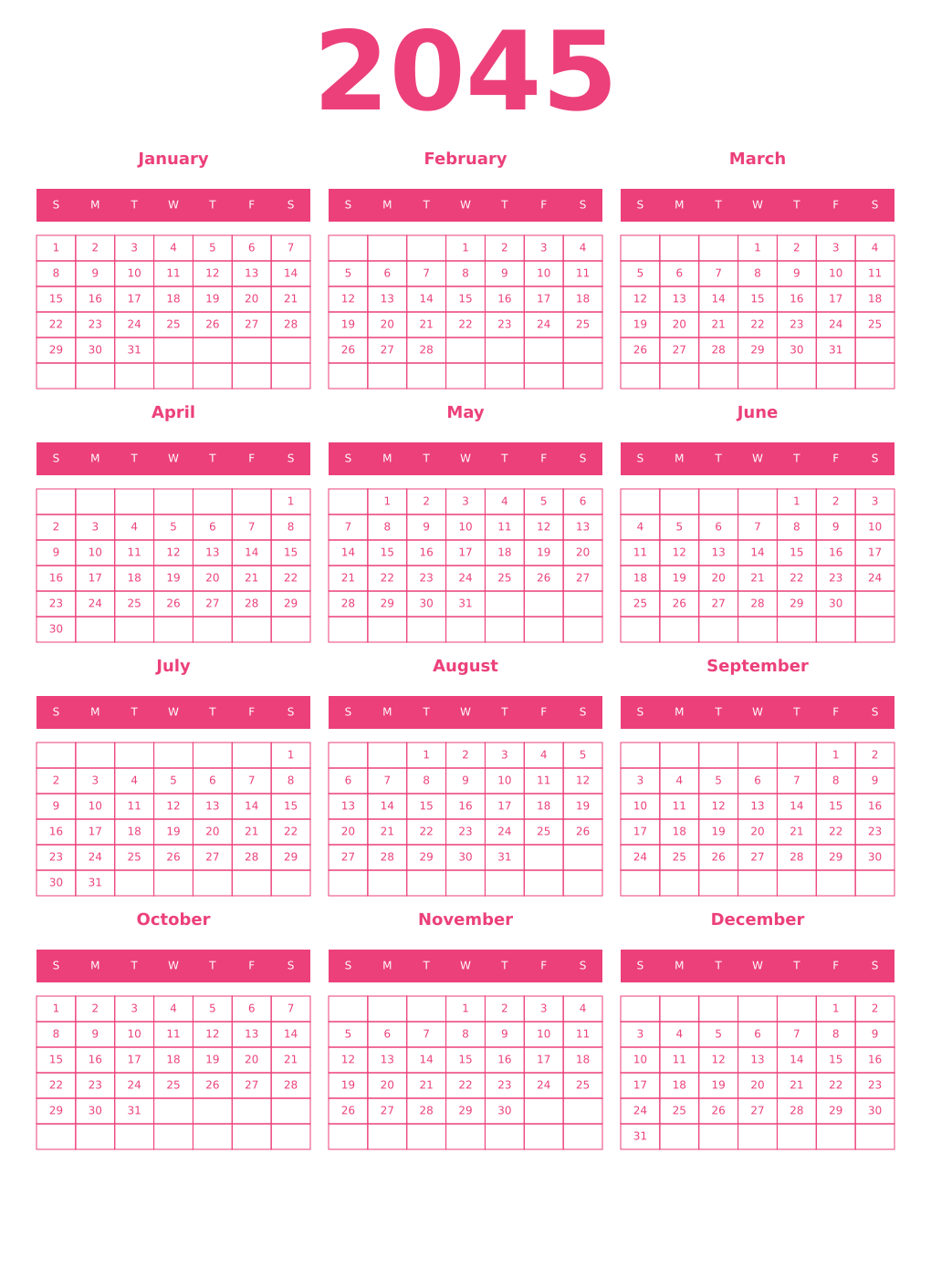 Printable 2045 Year Calendars pink