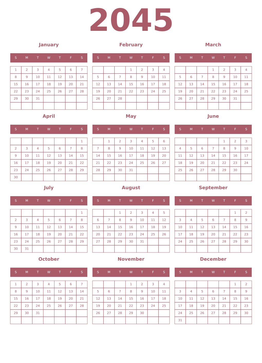 Printable 2045 Year Calendars puce