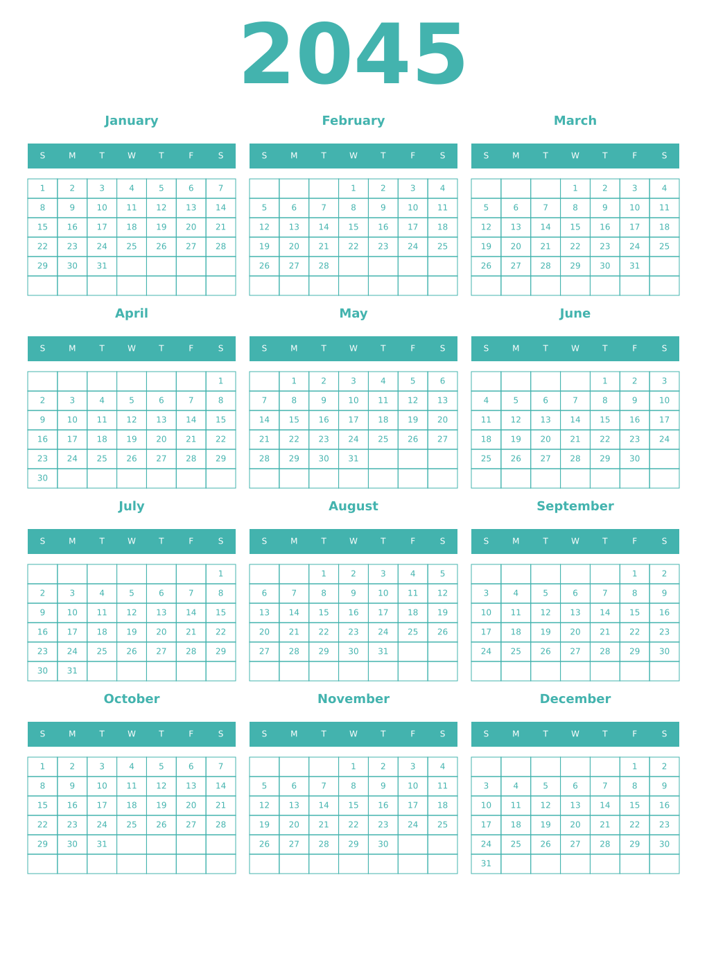Printable 2045 Year Calendars verdigris