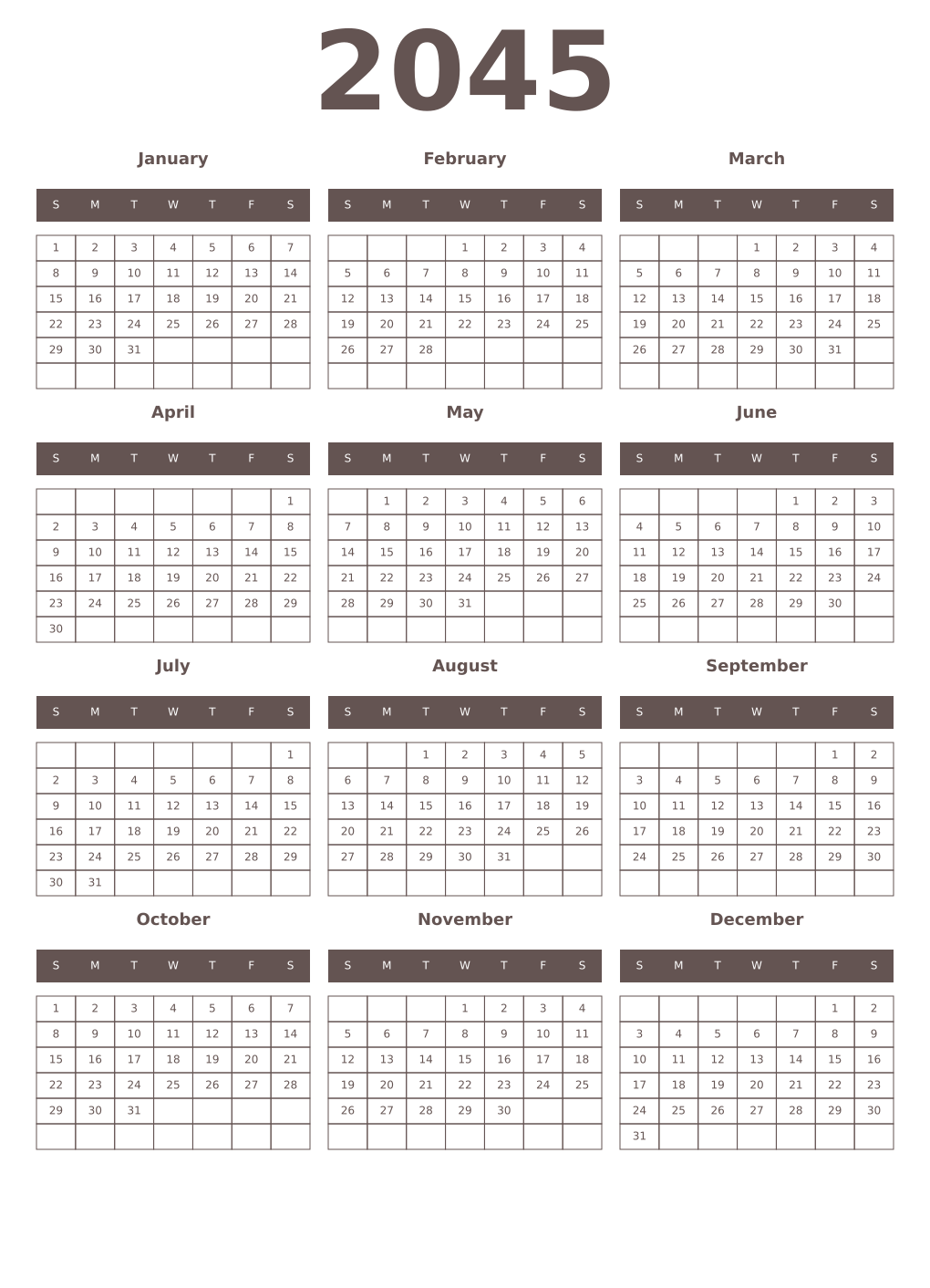 Printable 2045 Year Calendars wenge