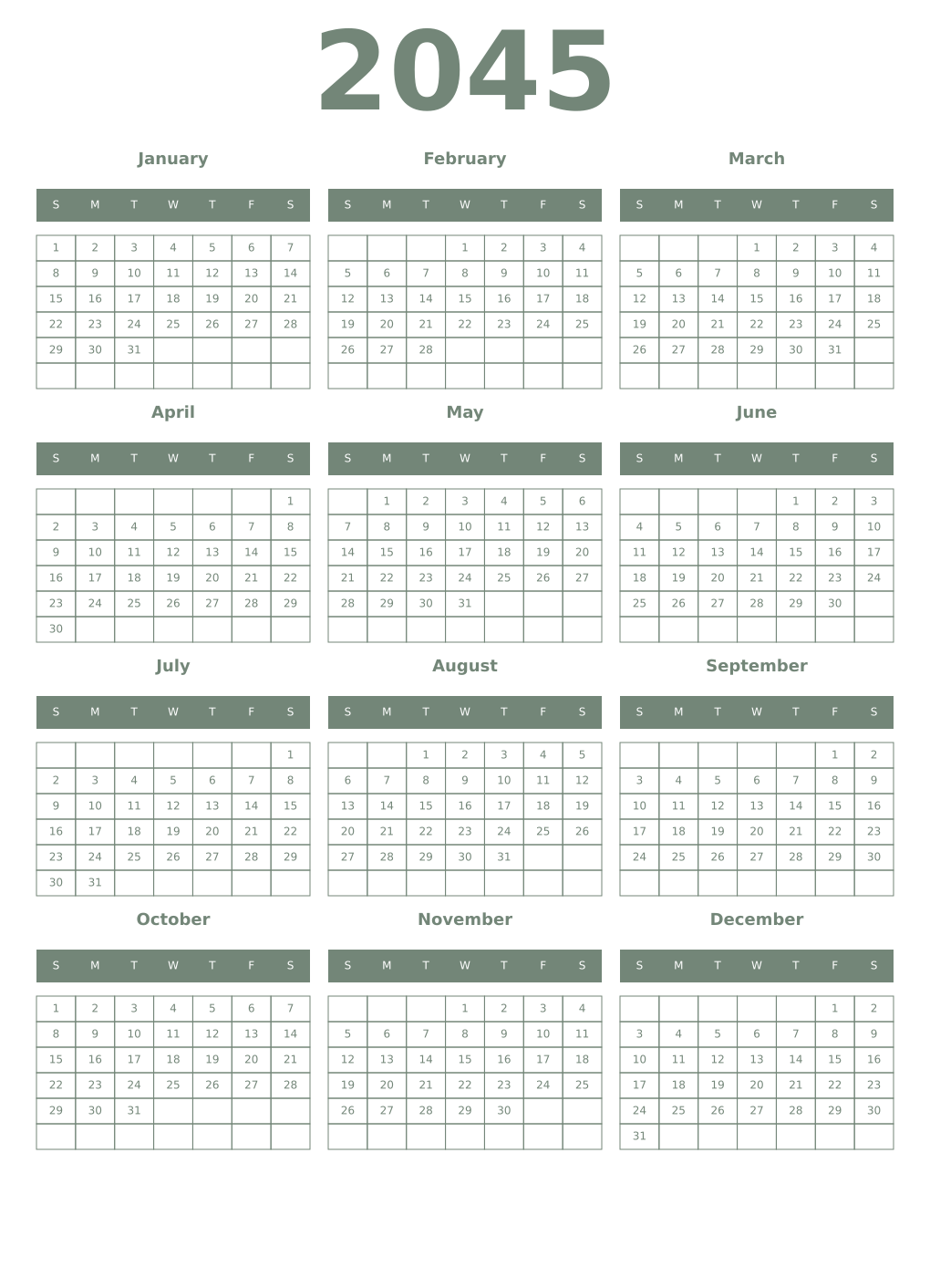Printable 2045 Year Calendars xanadu