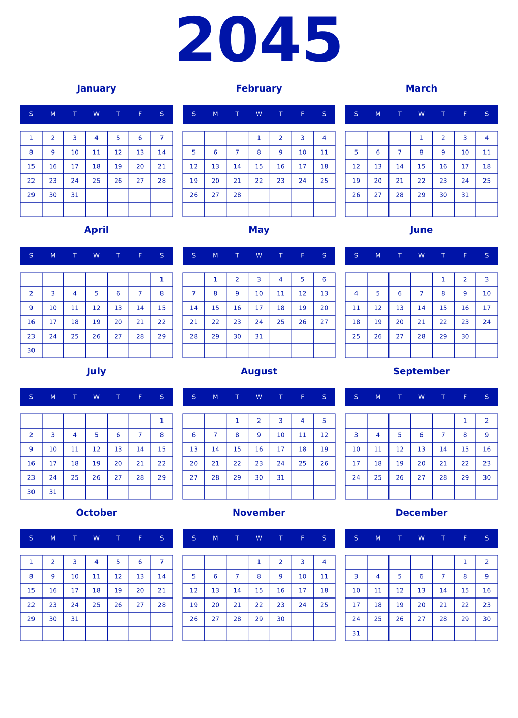 Printable 2045 Year Calendars zaffre