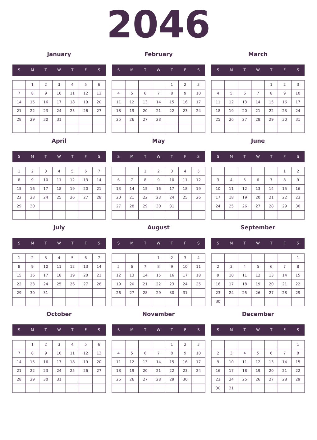 Printable 2046 Year Calendars aubergine