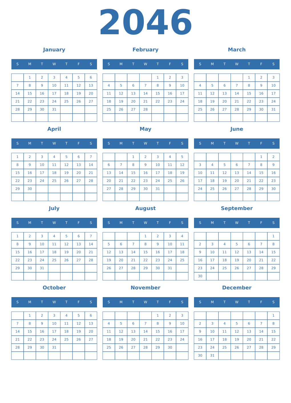 Printable 2046 Year Calendars blue