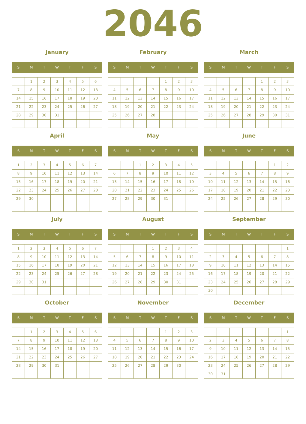 Printable 2046 Year Calendars eburnean